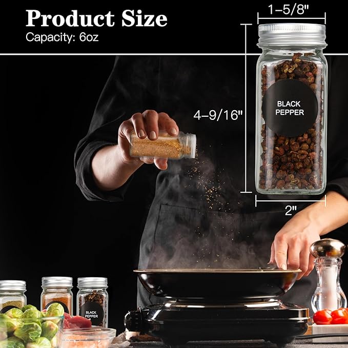 DkOvn 12pcs Glass Spice Jars with Labels, 6oz Empty Spice Jars with Mental Caps, Shaker Lids, Collapsible Funnel, Chalk Pen, Seasoning Organizer for Spice Rack(12pcs 6oz Set)