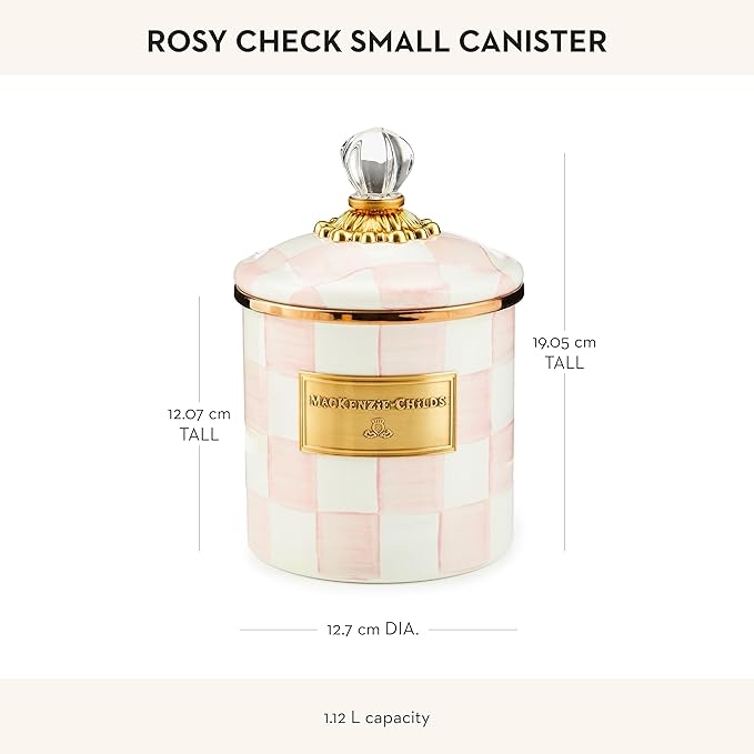 MACKENZIE-CHILDS Small Enamel Canister, Kitchen Storage Container for Flour and Sugar, 38 Ounces, Pink-and-White Rosy Check