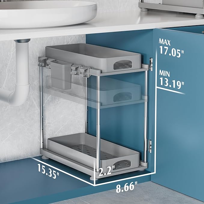 Under Sink Organizers and Storage, 2 Pack Under Kitchen Bathroom Sink Organizer, 2 Tier Under Cabinet Pull Out Storage, Adjustable Under Counter Storage Organizer, Gray