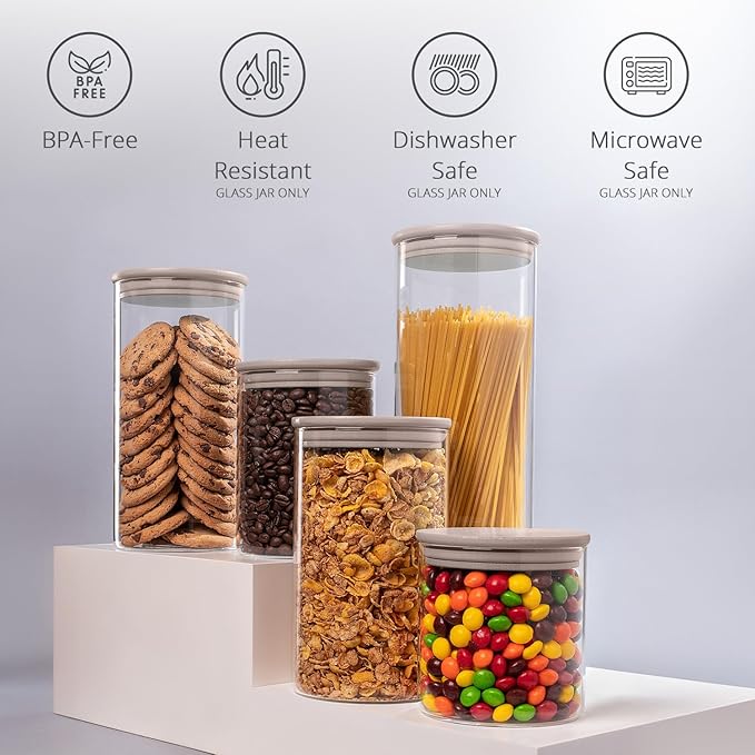 5-Piece Glass Storage Containers With Lids | Food Grade Safe Airtight Snack Containers, Pantry Organizers and Kitchen Storage with Colorful Bamboo Lids for Pasta, Oats, Coffee & Sugar