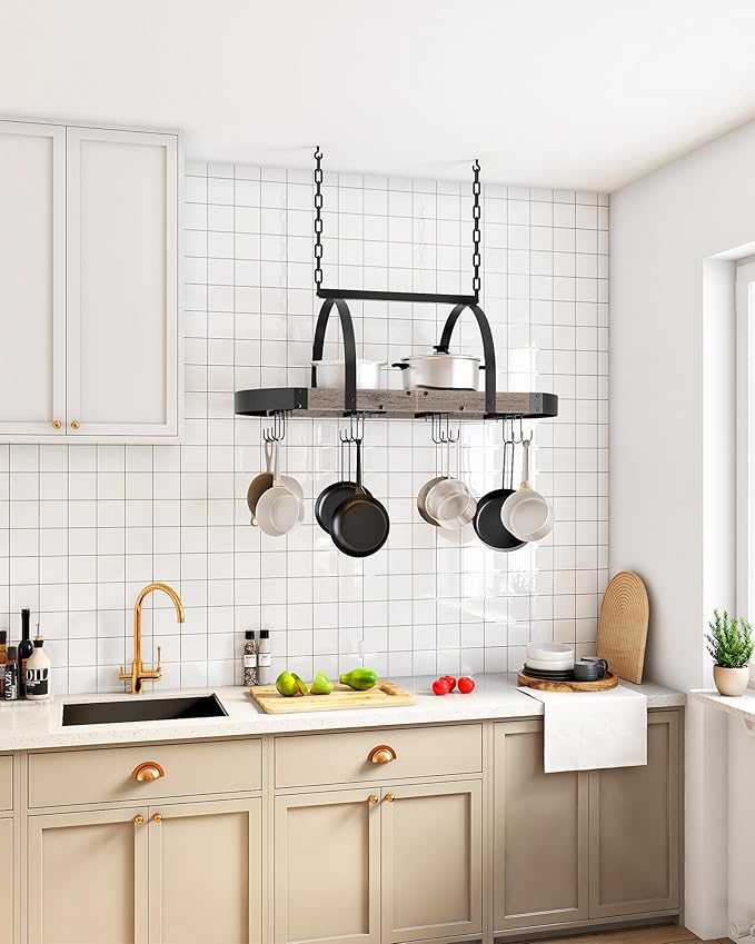 Hanging Pot Rack, Pot Hanger for Kitchen, Ceiling Mounted Pot Holder, Cookware Organizer with 12 S-Shaped Hooks, for Pot, Pan Storage, Space-Saving, Greige and Black TPR08BGC1