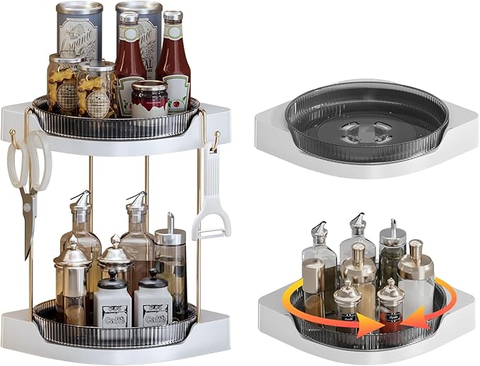 2 Pack Lazy Susan Turntable - Corner Spice Organizer for Cabinet - 9 Inch Rotating Condiment Rack Storage for Refrigerator, Pantry, Kitchen, Vanity, Bathroom Countertop (2 Tier-Gray)