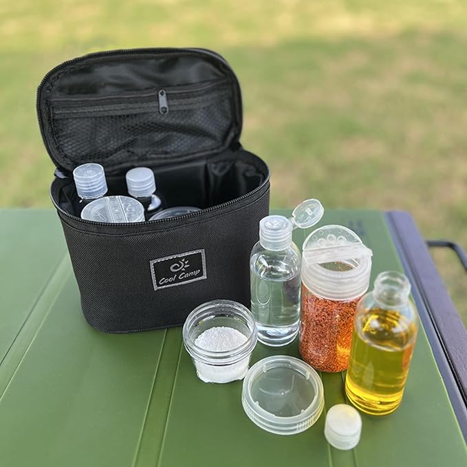 Travel Spice Bottle Kit, Camping Portable Compact Sauce Containers with 9 Seasoning Bottles Jar for Salt Sugar Dry Herb Spice, Great for Home or Outdoor Use