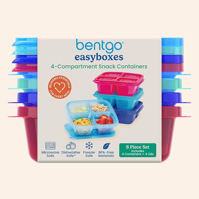 Bentgo Easyboxes 4-Compartment Snack Containers - 8-Piece Set with 4 Trays & 4 Custom-Fit Lids to Seal in Freshness - Reusable Food Storage & Meal Prep Bento BPA-Free Containers (Jewel Brights)