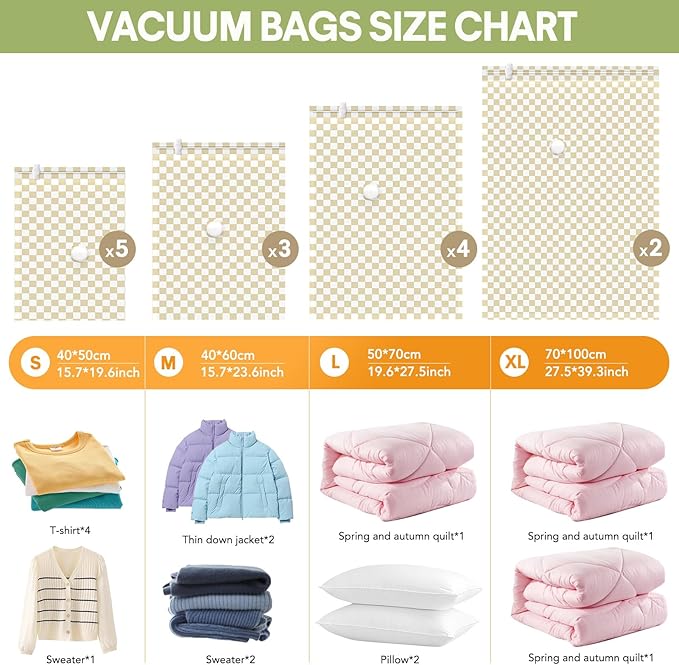 14 Pack Vacuum Storage Bags,Vacuum Seal Bags for Clothing with Hand Pump, 2 Jumbo+4 Large+3 Medium+5 Small, 80% Space Saver Bags for Luggage,Comforters,Blankets, Home Travel Essentials(Khaki Check)