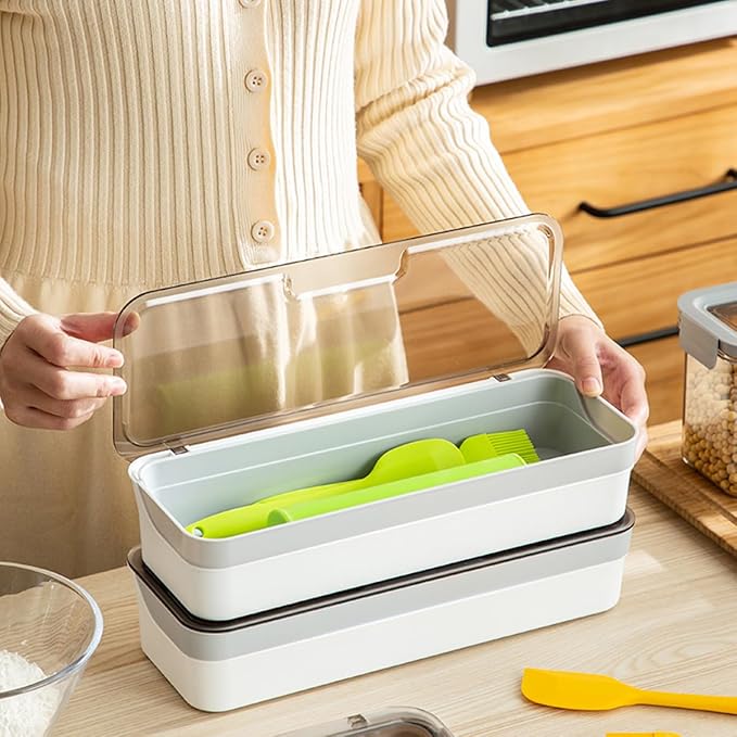 Plastic Kitchen Drawer Organizer with Lid and Drainer Stackable Utensil Holder for Countertop Silverware Tray Flatware Organizers - 13x4.7x2.4 Inch Spatula Cutlery Storage Box