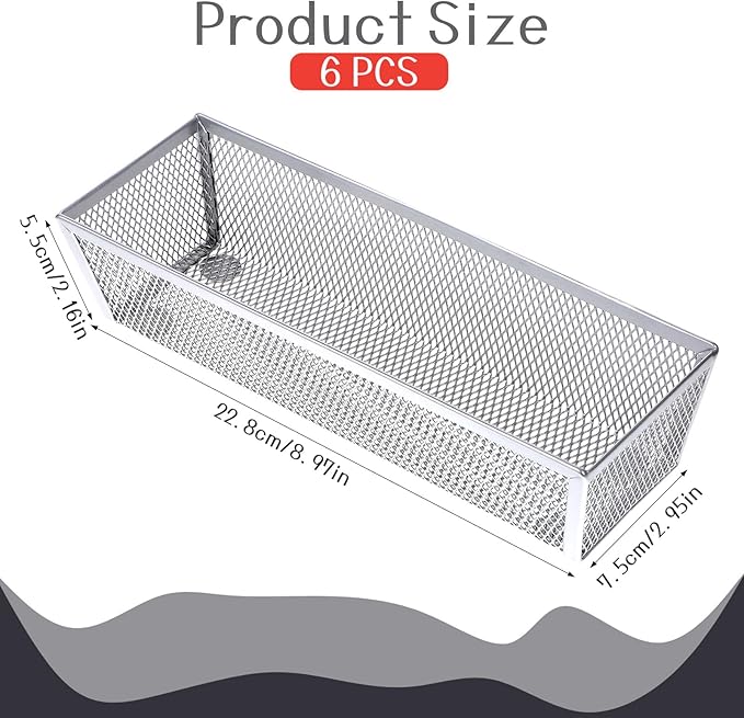 6 Pack Silverware Organizer, Mesh Small Utensil Drawer Organizer Silverware Holder for Kitchen Drawer, Metal Narrow Cutlery Drawer Organizer for Flatware, Knives, Spoons Storage 3x9x2 Inch