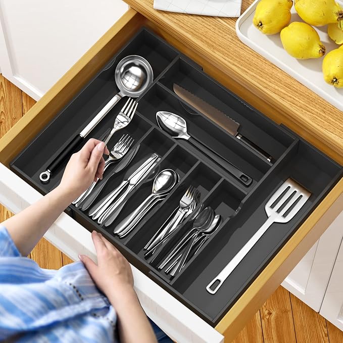 NIUBEE Expandable Kitchen Drawer Organizer for Flatware and Utensils,Black Acrylic Adjustable Silverware Tray for Drawer,Office,Bathroom Supplies-9 Compartments