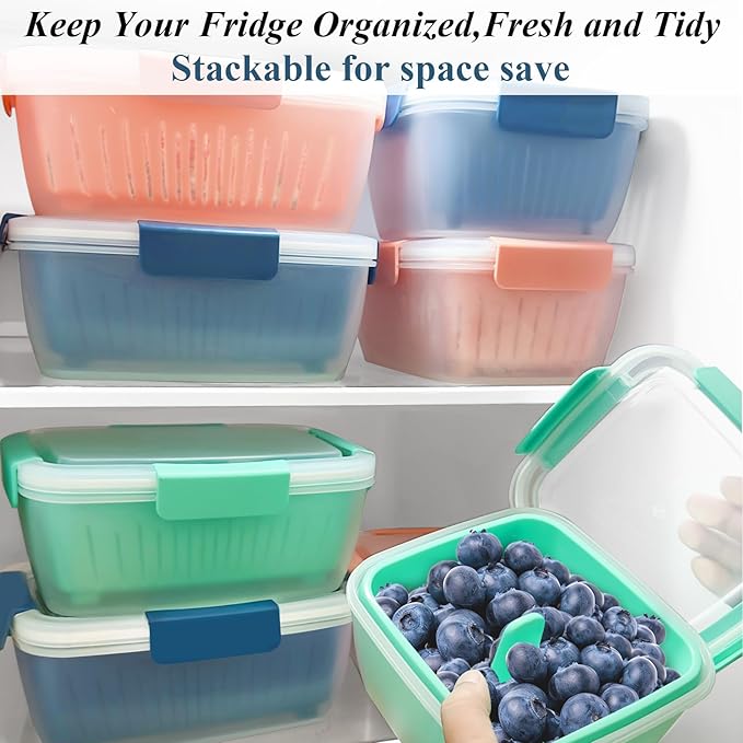 shopwithgreen 50oz Berry Keeper Fruit Storage Container for Fridge, Fresh Food Produce Saver Containers with Removable Drain Colanders and Lid, Vegetable Lettuce Keeper Bowl for Refrigerator Organizer