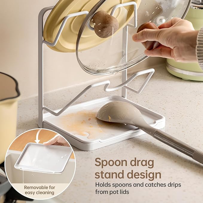 Pot Lid Holder, 2 Tier Pan Lid Holders While Cooking, Lid and Spoon Rest for Kitchen Counter, Pot Lid Organizer Stand with Drip Tray, Pot Lid Rack Kitchen Utensil Holder Rest, White