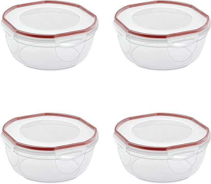 Sterilite Ultra-Seal 4.7 Qt Bowl, Large Airtight Food Storage Container, Latching Lid, Microwave and Dishwasher Safe, Clear With Red Gasket, 4-Pack