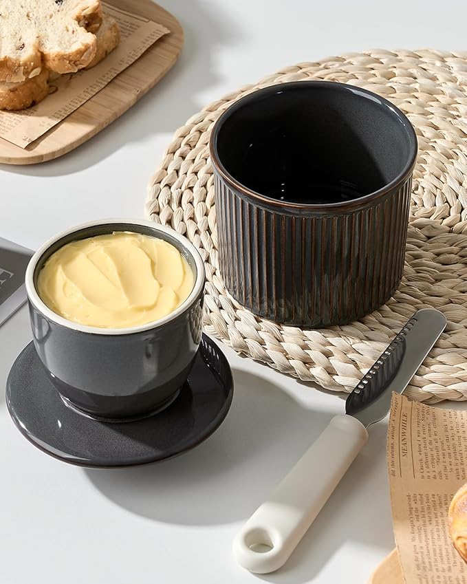 XELA Large Butter Crock with Lid for Countertop, The Original Reactive Glaze Butter Dish With Water Line, French Butter Dish for Spreadable Butter -Eggplant