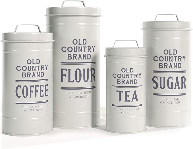 Barnyard Designs Canister Sets for Kitchen Counter, Farmhouse Canisters Sets for the Kitchen Countertop, Coffee Tea Sugar Flour Metal Containers with Lid (White)