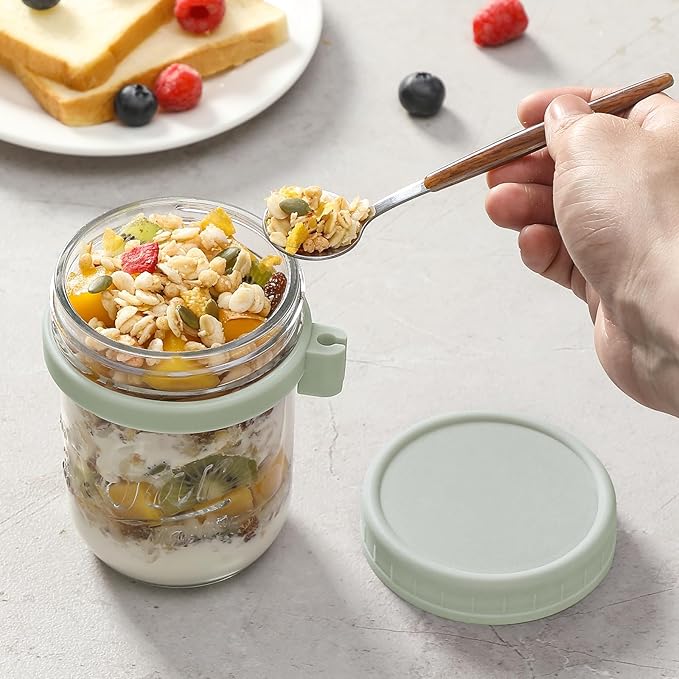 LANDNEOO 6 Pack Overnight Oats Containers with Lids and Spoons, 16 oz Glass Mason Overnight Oats Jars, Large Capacity Airtight Jars for Milk, Cereal, Fruit(Green)