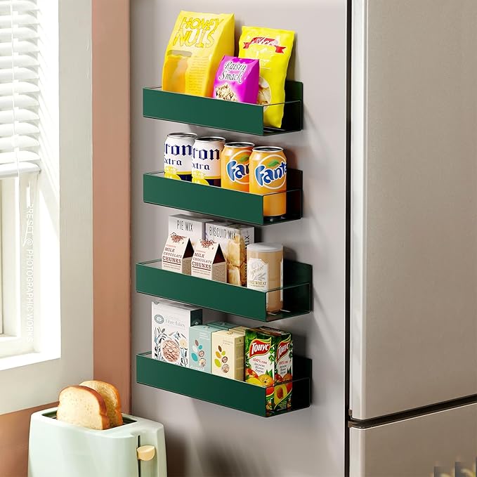 4 Pack Moveable Fridge Magnetic Spice Racks,Metal Green