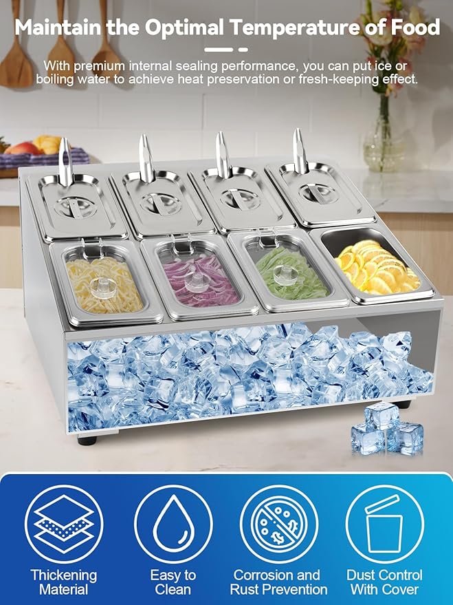 Lanstics 8 Pans Spice Rack Shelf 2 Row Stainless Steel Spice Organizer Stand with Lids Spoons Countertop Inclined Holder Buffet Containers Set for Sauce Jam Fruits Ingredient Kitchen Restaurant Pantry