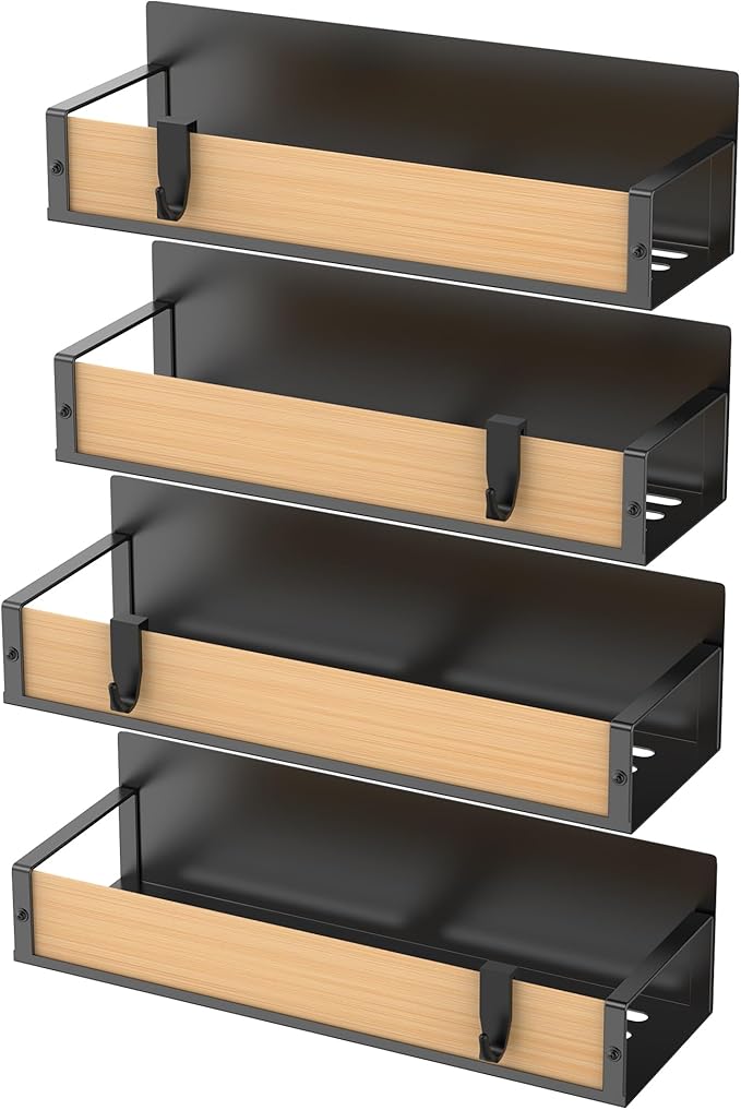 4 Pack Magnetic Spice Storage Rack Organizer for Refrigerator and Oven, Wood Fridge Organizers and Storage