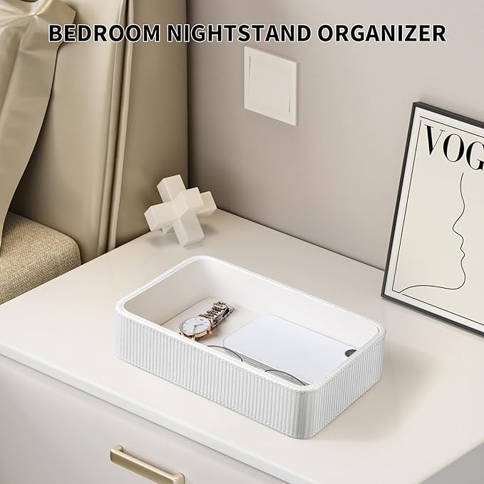 PU Leather Valet Tray Organizer, Small Nightstand Organizer Bedside Desktop Storage for Womens and Men, Perfume Trinket Catchall Vanity Tray for Key Watch Wallet (White, Rectangular)