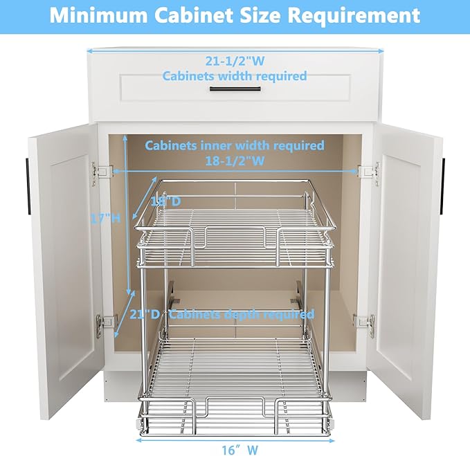 LOVMOR 2-Tier Pull Out Cabinet Organizer, 17" W x 18" D, Chrome Pull Out Drawer for Base Cabinet Silver