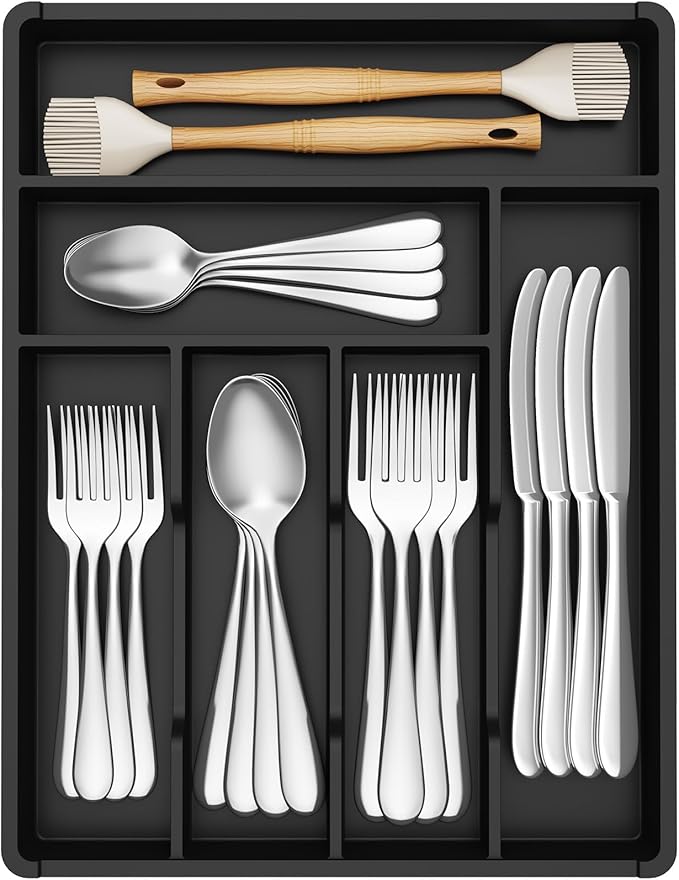 Lifewit Silverware Tray, Deep Wide Cutlery Drawer Organizer Storage for Kitchen, Plastic Flatware Utensil Holder Divider for Spoons Forks Knives Tableware, 6 Compartment, Black