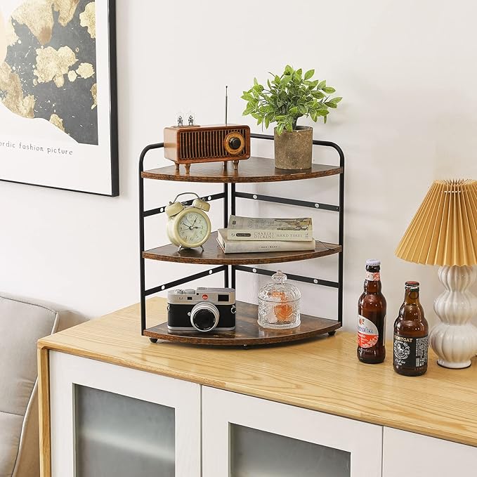IBUYKE Corner Shelf, Kitchen Counter Organizer, Spice Rack, Bathroom Vanity Trays, 3-Tier Bedside Shelf for Small Spaces,Cosmetic Storage Perfume Holder, Adjustable Height, Rustic Brown, TWJ002H