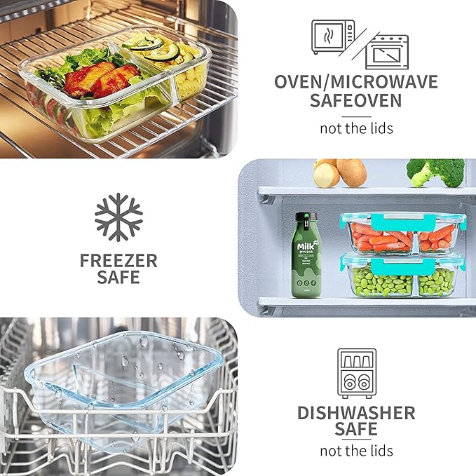 10 Packs 30oz Glass Meal Prep Containers 2 Compartments,Glass Food Storage Containers with Lids,Airtight Glass Lunch Bento Boxes,Oven,Freezer and Dishwasher Safe, Green