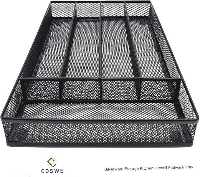 Silverware Tray for Drawer, Silverware Organizer, Metal Drawer Organizer Kitchen Utensils with Foam Feet Multi Compartments Cutlery Organizer in Drawer (BLACK)