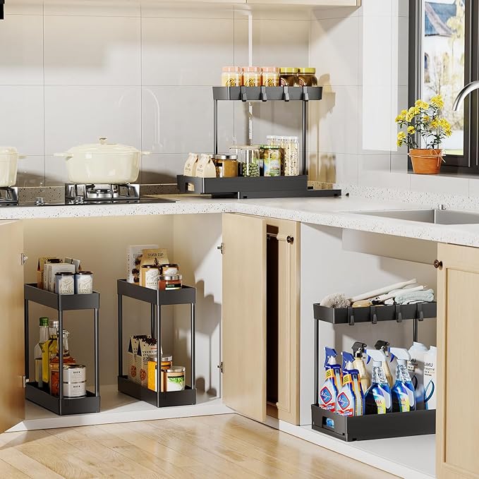 Delamu 4 Pack Under Sink Organizers and Storage, 2 Tier Pull Out Bathroom Cabinet Organizer, L-Shape Black Under Kitchen Sink Organizer, Under Counter Storage Organizer with Drawer