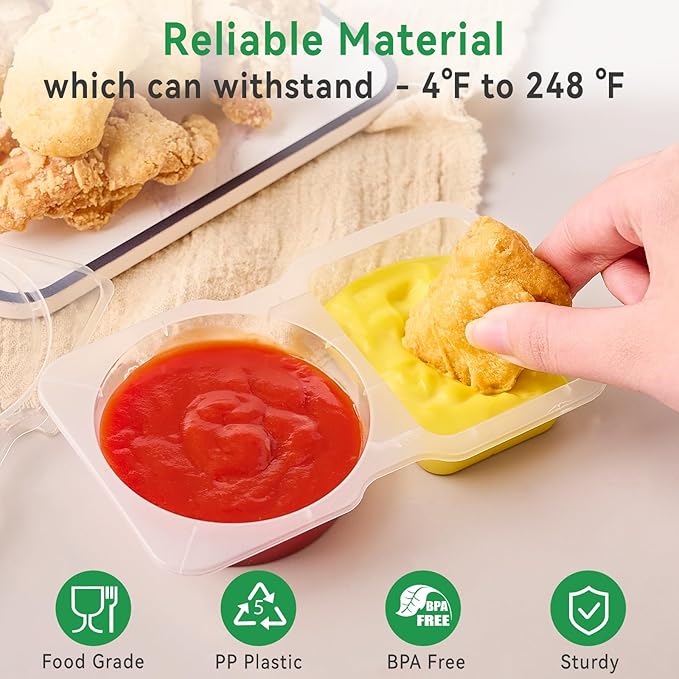10 Pack Small Snack Pack Containers, 4.5 oz Reusable Plastic Double Compartment Condiment Containers with Lids for Dipping Sauce, Travel Snacks, Meal Prep
