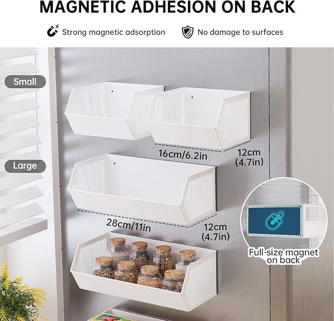 Magnetic Fruit Basket for Fridge, Magnetic Spice Rack for Refrigerator, Seasoning Organizer, Kitchen Gadgets, Refrigerator Organizers and Storage, Metal, 1 Pack (Black, Large)