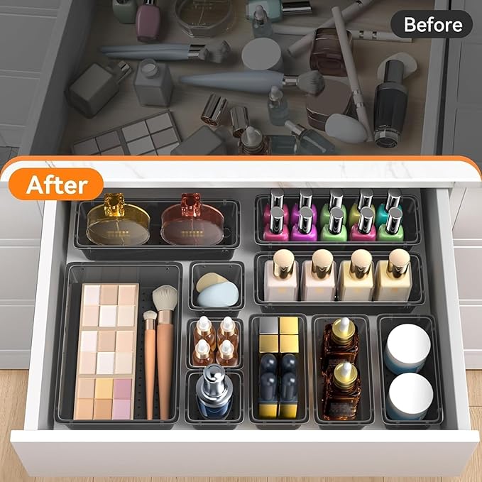 WOWBOX 32 PCS Clear Plastic Drawer Organizer Set, 4 Sizes Desk Drawer Organization and Storage Containers for Makeup, Cosmetics, Jewelry and Gadgets in Kitchen, Bathroom, Bedroom, Office, Clear Black