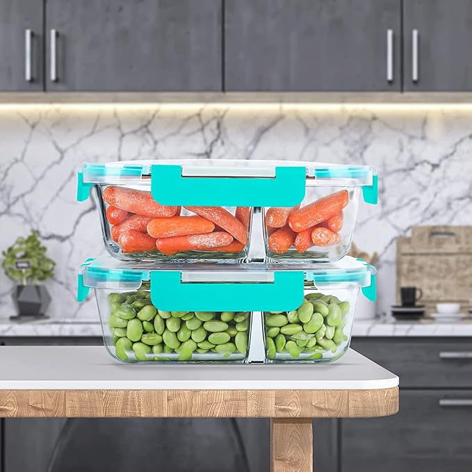 10 Packs 30oz Glass Meal Prep Containers 2 Compartments,Glass Food Storage Containers with Lids,Airtight Glass Lunch Bento Boxes,Oven,Freezer and Dishwasher Safe, Green