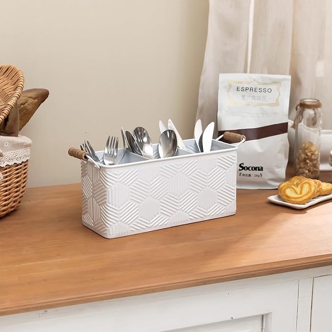 NIKKY HOME Farmhouse White Silverware Organizer with 3 Compartments Cutlery Caddy Kitchen Countertop Flatware Holder for Utensil, Spoons, Knives, Forks, Hexagon Stripe Embossed Pattern