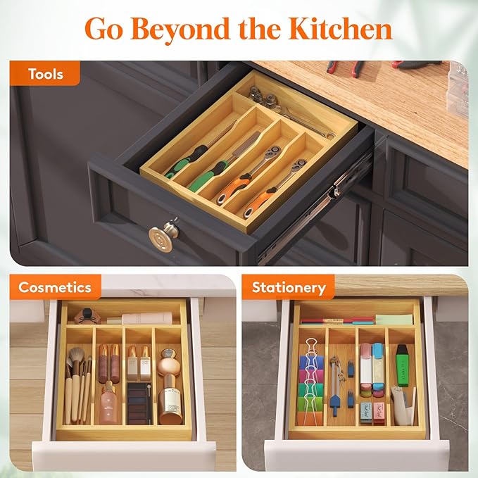 Lifewit Silverware Drawer Organizer Tray, Bamboo Cutlery Storage for Kitchen Drawer, 5 Compartment Flatware and Utensil Holder Divider for Spoons Forks Knives Tableware, Natural
