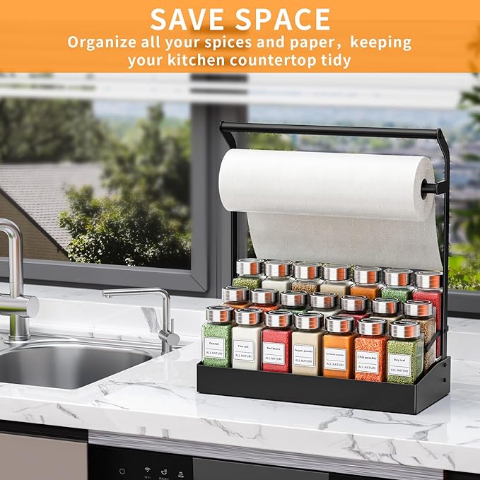 RCHYFEED 2 in 1 Countertop Paper Towel Holder Shelf with Spice Rack,3 Tier Spice Organization for Cabinet,No Drilling Paper Towel Holder with Spice Rack for Kitchen,RV,Seasoning Organizer(Black)