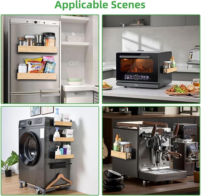 OTraki 4 Pack Strong Magnetic Spice Rack for Refrigerator Wood & Metal Magnetic Shelf for Fridge Spice Storage Rack Kitchen Cabinet Organizers Seasoning Storage Paper Towel Holder with 5-Hook Rack