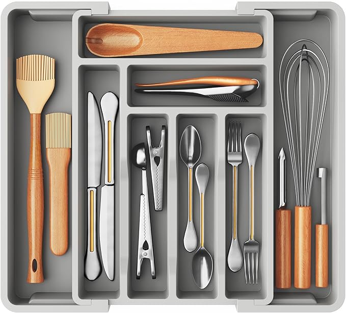 Pipishell Silverware Drawer Organizer, Expandable BPA-Free Kitchen Utensil Storage Tray for Forks, Spoons and Knives, Grey Plastic Cutlery Holder