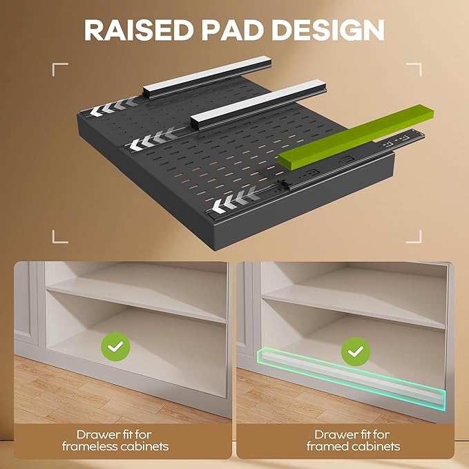 2 Pack Pull out Cabinet Organizer 21"Deep With Raising Pad for Framed Cabinets, Expandable Slide out Drawers for Kitchen Cabinets with 4pcs Divider Racks, Roll out Shelves 15.2"-26.3"W Black