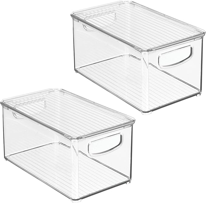 mDesign Plastic Deep Storage Bin Box Container with Lid and Built-In Handles - Organization for Fruit, Snacks, or Food in Kitchen Pantry, Cabinet, or Cupboard, Ligne Collection, 2 Pack, Clear