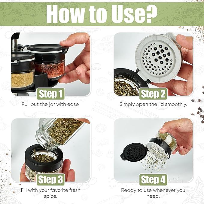 Rotating Spice Rack Organizer - 2-Tier Spice Carousel with 12 Empty Glass Jars, Dual-Lid, Preprinted & Blank Labels, Space-Saving Countertop Spice Storage