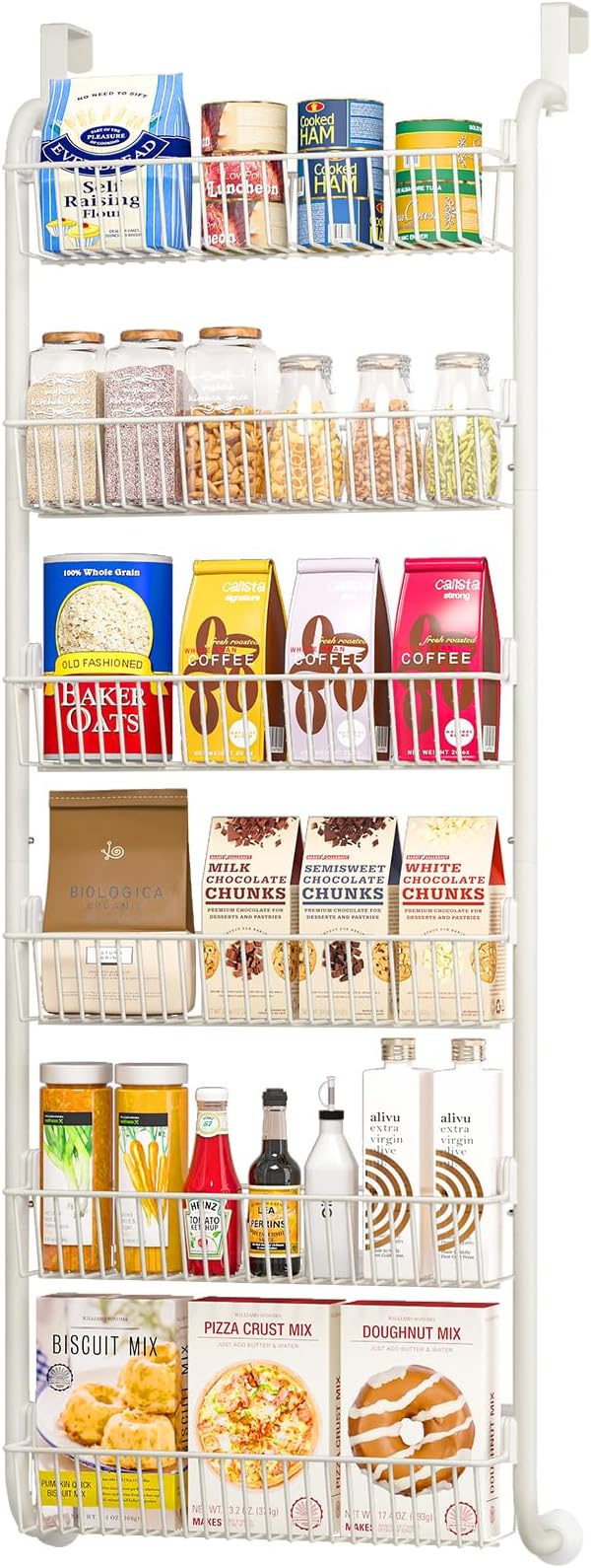 Over the Door Pantry Organizers and Storage, 6-Tier Spice Rack, Home & Kitchen Storage Shelves for Cabinet, Large Capacity Hanging Seasoning Organizer, Laundry Room Organization, White