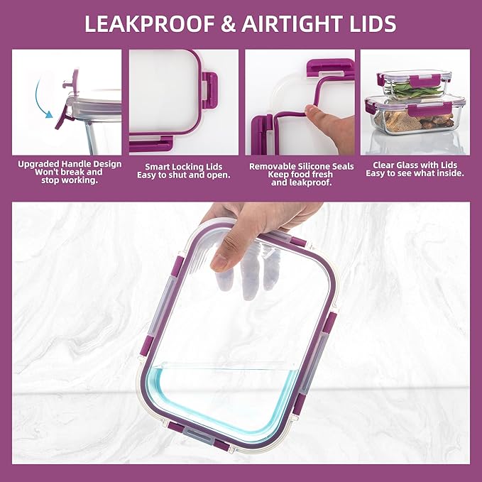 UMEIED 12 PACK Glass Food Storage Containers with Leak Proof Lids, Glass Airtight Meal Prep Containers Set for Lunch, On the Go, Leftover, Kitchen Pantry Organizers and Storage (Purple)
