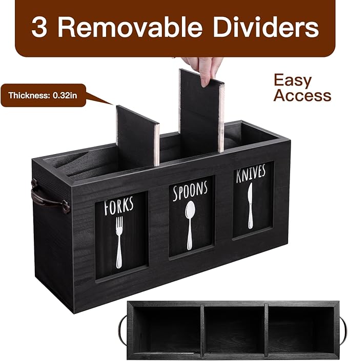 Wood Flatware Organizer, Rustic Utensil & Silverware Holder for Forks, Spoons, Knives, Farmhouse Kitchen Cutlery Caddy Bin Countertop - Black