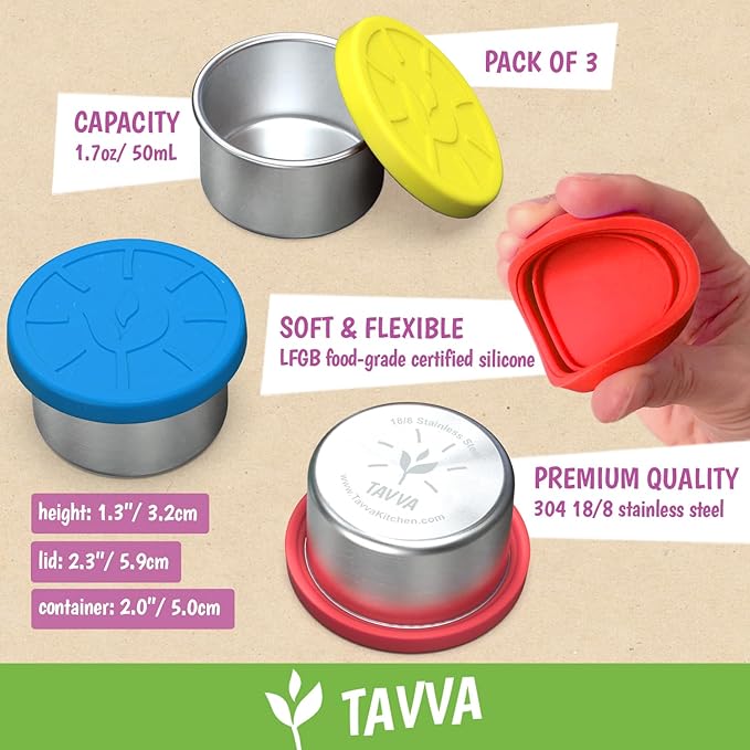 3 X 1.7oz Condiment Cups with Lids - Leakproof w/Silicone Lids - BPA Free - Dishwasher & Freezer Safe - Reusable Salad Dressing Container To Go - Sauce & Dip Cup for Lunchbox, Meal Prep