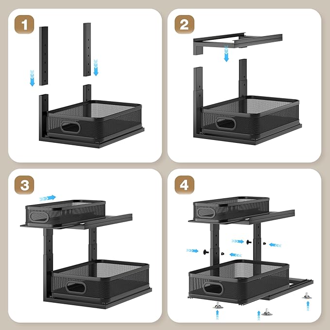 1 Pack 15.5IN-Depth Under Sink Organizer With Next-Gen Ball-Bearing Slides,2-Tier Precision Mesh Pull Out Cabinet Storage for Bathroom&Kitchen,Height Adjustable Drawers Shelf,Anti-rust-Black