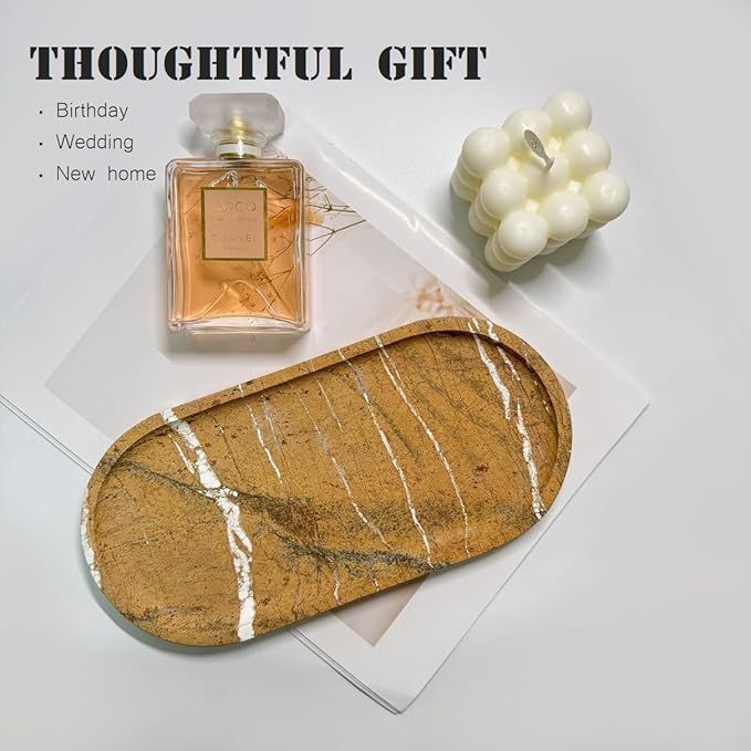 JINGJU Marble Oval Tray 10”x5”, Natural Stone Decorative Tray for Jewelry, Candle, Bathroom Counter, Coffee Table, Perfume Display