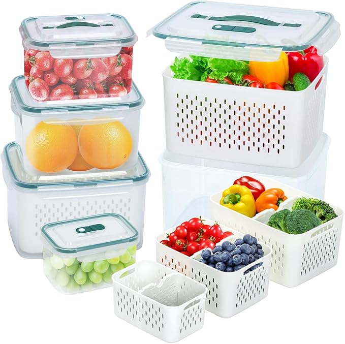Upgraded Fresh Produce Vegetable Fruit Storage Containers,Large Fruit Containers for Fridge with Lid Vent Handle and Colander ,Keep Berry Fruit Vegetable Food Meat Fresh Longer (5)