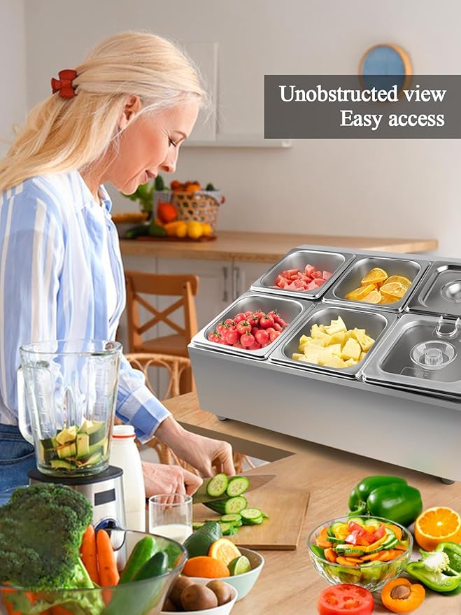 Lanstics 6 Pans Spice Rack Shelf 2 Row Stainless Steel Spice Organizer Stand with Lids Spoons Countertop Inclined Holder Buffet Containers Set for Sauce Jam Fruits Ingredient Kitchen Restaurant Pantry