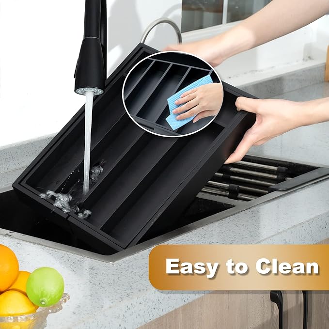 Expandable Utensil Organizer Silverware Organizer for Kitchen Adjustable Utensils Holder Bamboo Large Flatware Silverware Cutlery in Drawer (7 Slot, Black)