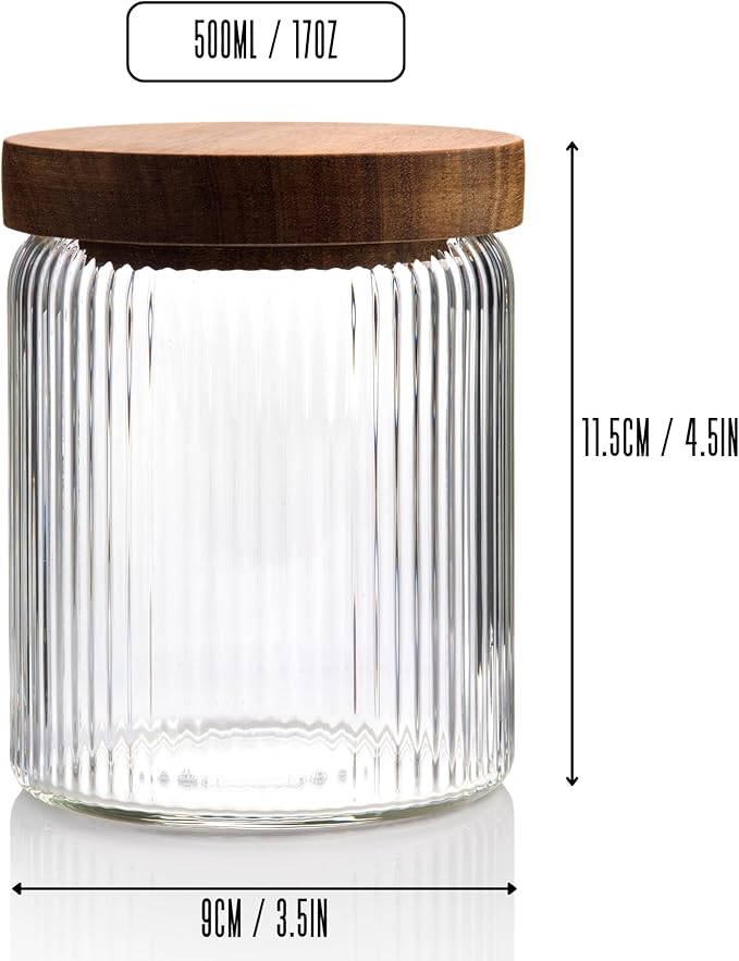 Mason & Fable Ribbed Glass Jar with Wooden Lid 17oz, Set of 3 | Airtight Fluted Storage Canisters for Food, Tea, Coffee, Candy/Spice | Organization Canisters for Home & Kitchen